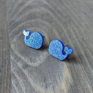 Sparkly Acrylic Blue Whales with Blue Glitter Stud Earrings
